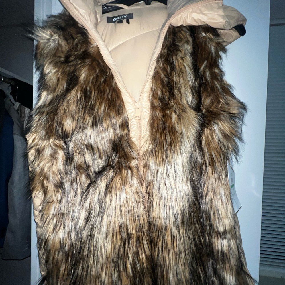 DKNY Faux Fur Puffer Vest in Brown and Tan